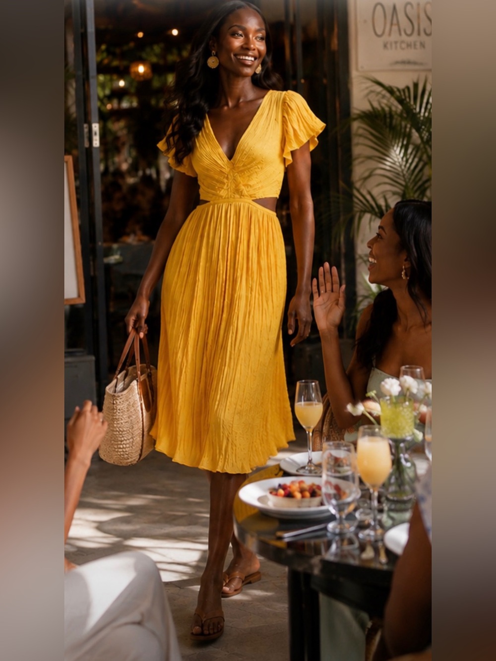 Express Yellow Pleated Midi Dress with Flutter Sleeves